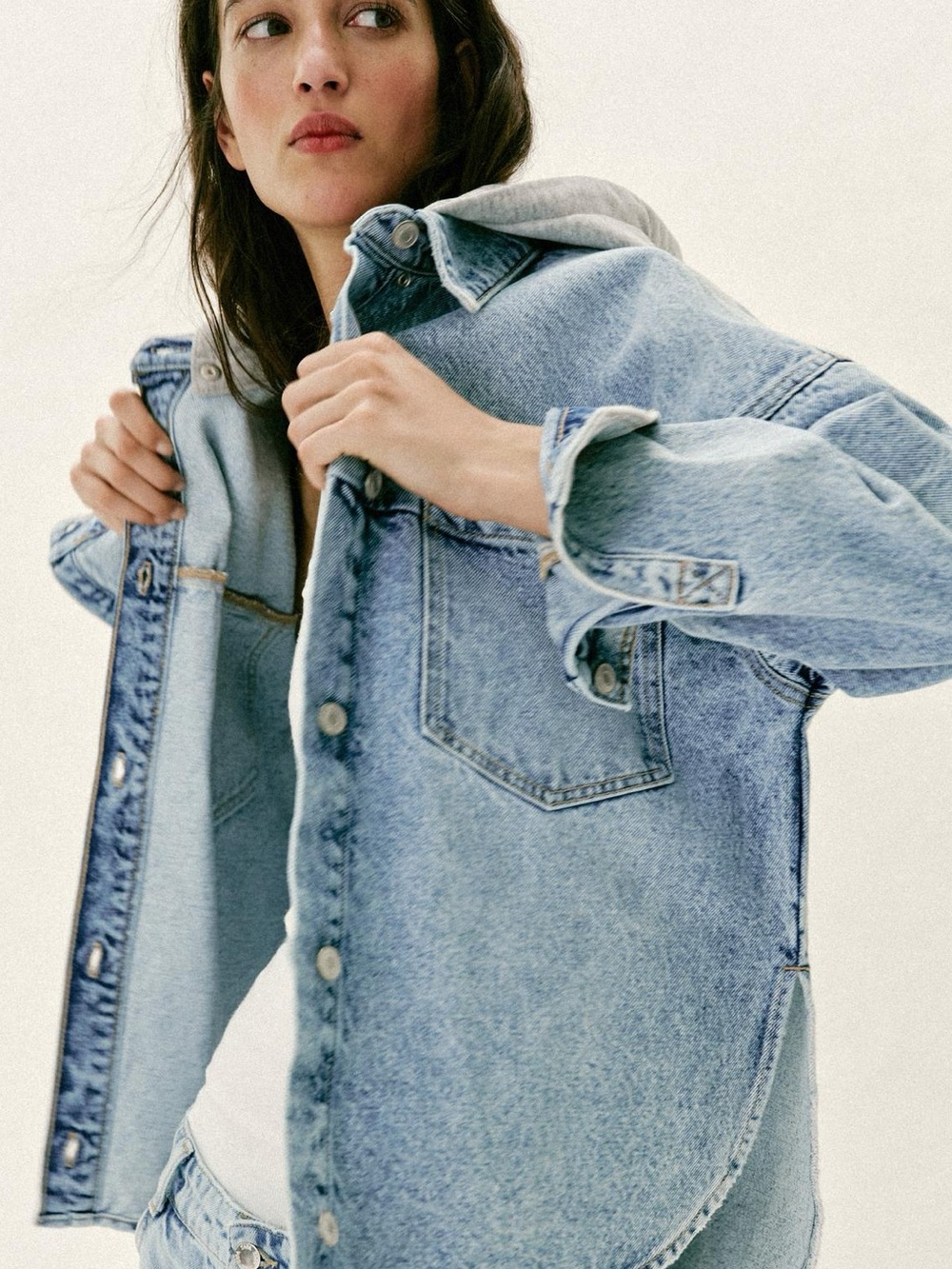 NWT Zara Light Blue Denim Jacket with removable hoodie- MEDIUM size